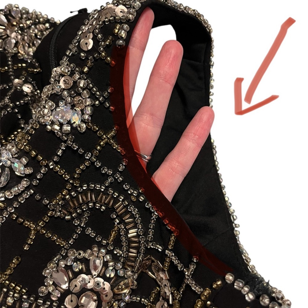 XSCAPE Long Black Beaded Sequin Open Back Sexy Formal Gown with Front Slit Sz 2 - Picture 11 of 14